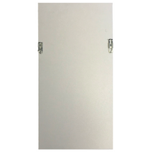 Back of a white rectangular object with two metal hanging brackets.