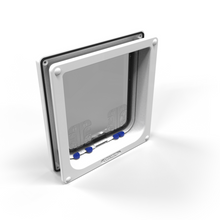 A white, square-shaped cat flap with blue lock sliders on a white background.