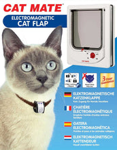 Product shot of a Cat Mate electromagnetic cat flap with a Siamese cat wearing a collar and key.
