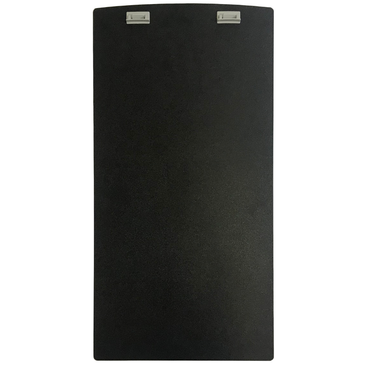 Black clipboard with two gray clips on top, isolated on white.