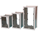 Three progressively larger metal access doors with white frames are displayed against a dark background.