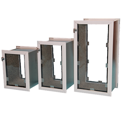 Three progressively larger metal access doors with white frames are displayed against a dark background.