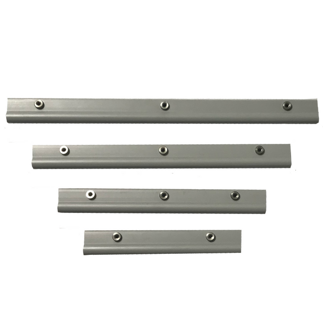 Four gray metal bars of varying lengths, each with several drilled holes.