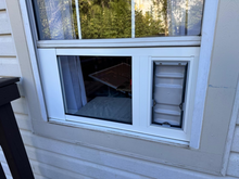 A window with a pet door installed.