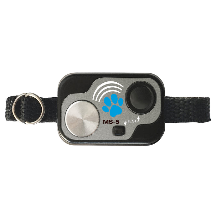Pet collar with a gray and black electronic device labeled 