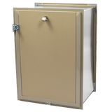 A partially open, tan-colored metal pet door with a silver handle.