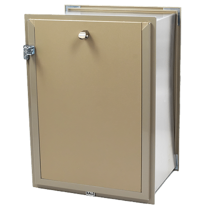 A tan Hale pet door with a partially open flap is shown on a white background.
