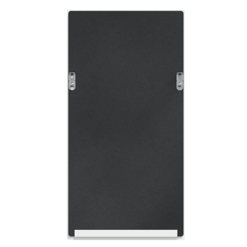 The back of a rectangular mirror with mounting hardware is shown against a white background.