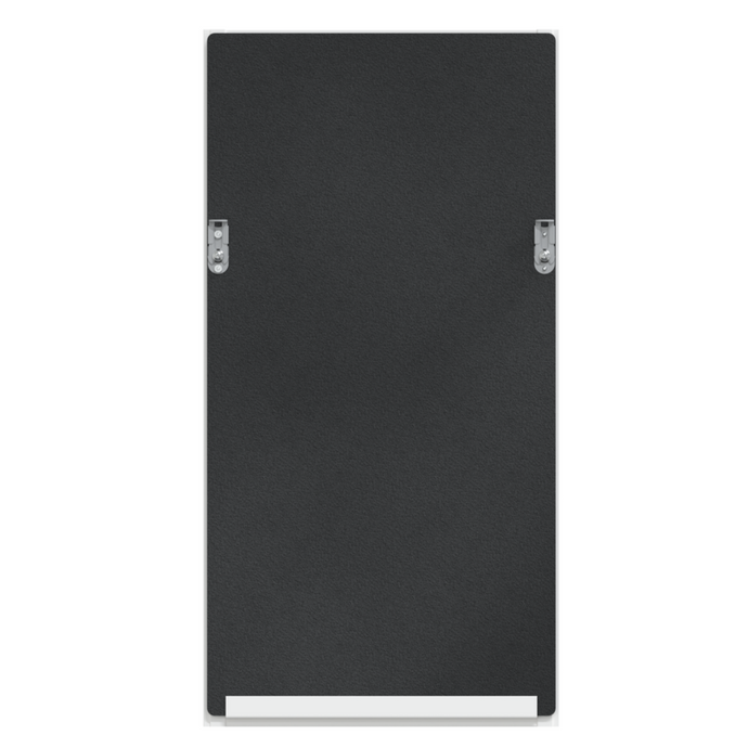 The back of a rectangular mirror with mounting hardware is shown against a white background.