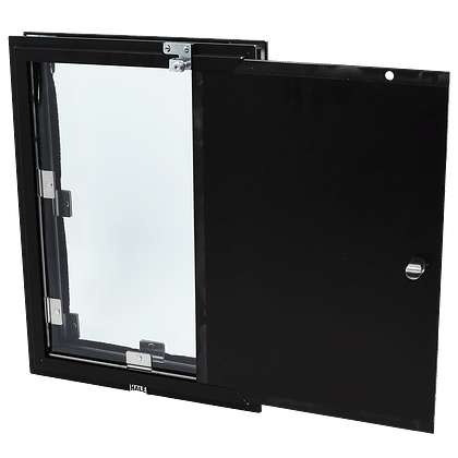 A black framed window with an open solid black shutter.