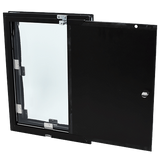 A black framed window with an open solid black shutter.