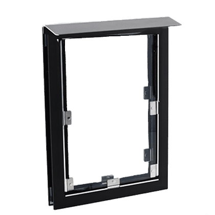A black metal pet door frame with a protective overhang.