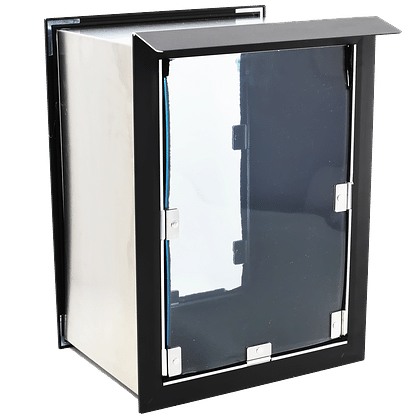 A partially open metal box with a black trim and a dark window is shown.