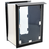 A partially open metal box with a black trim and a dark window is shown.