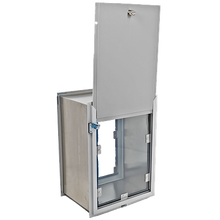 Metal cabinet with a raised top door and a window.