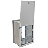 A metal box with an open, hinged door above a window.