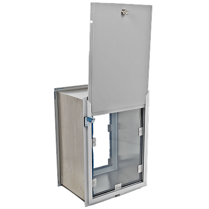 A metal box with an open, hinged door above a window.