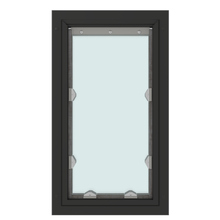 A black framed window with a centered pane of glass.