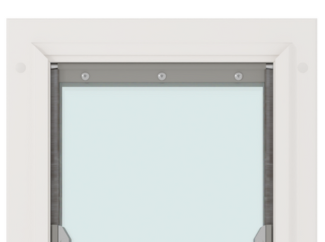 A close-up of a white-framed window with a gray top bar secured by three screws.