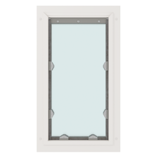 A white-framed window with clear glass and metal hardware.
