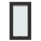 A narrow, rectangular window with a black frame and a clear glass panel.