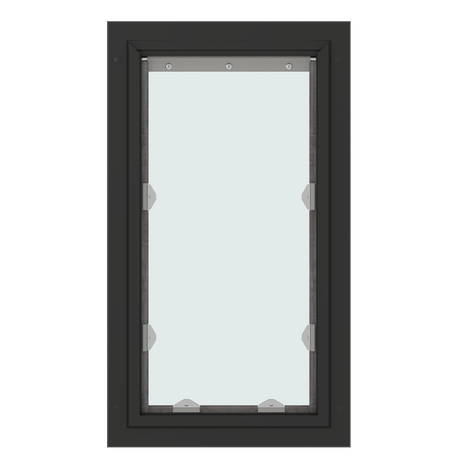A narrow, rectangular window with a black frame and a clear glass panel.