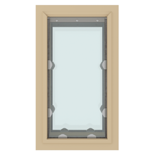 Rectangular window with a light tan frame.