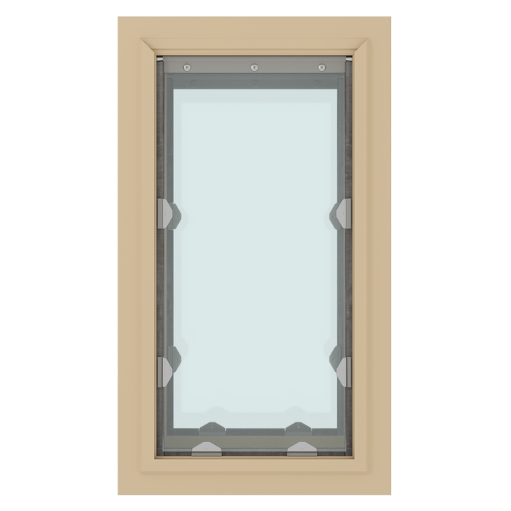Rectangular window with a light tan frame.
