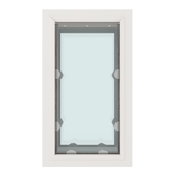 A white framed window with clear glass and metal hardware.
