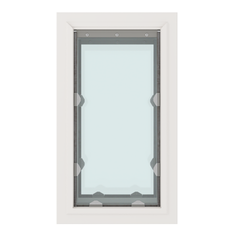 A white framed window with clear glass and metal hardware.