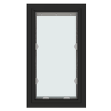 A rectangular window with a dark frame and silver hardware.