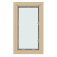 A rectangular beige framed window with a partially opened opaque shade.