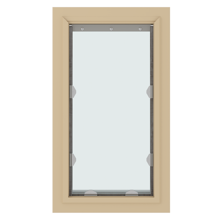 A rectangular beige framed window with a partially opened opaque shade.