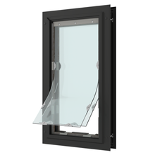 Black-framed awning window slightly ajar.