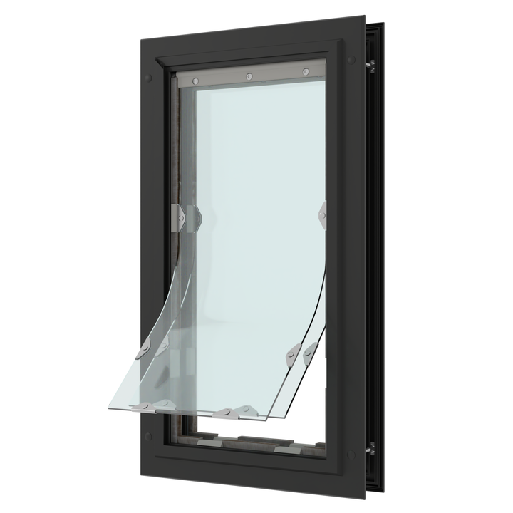 Black-framed awning window slightly ajar.