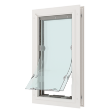 A white window is slightly ajar, secured by metal hinges.