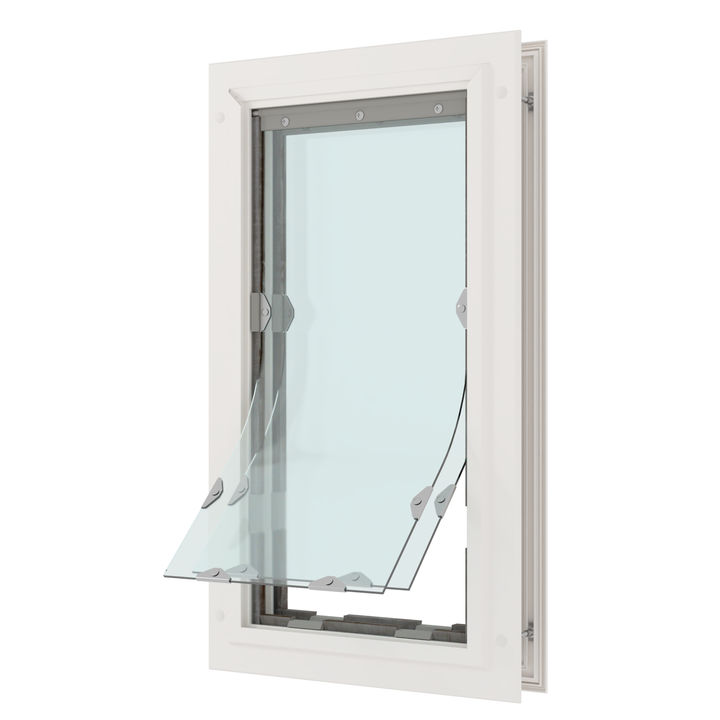 A white window is slightly ajar, secured by metal hinges.
