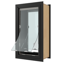 A pet door with a clear flexible flap.