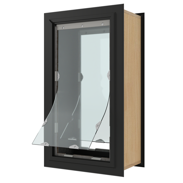 A pet door with a clear flexible flap.