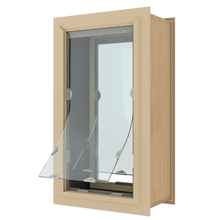 A beige-framed awning window is shown slightly open.