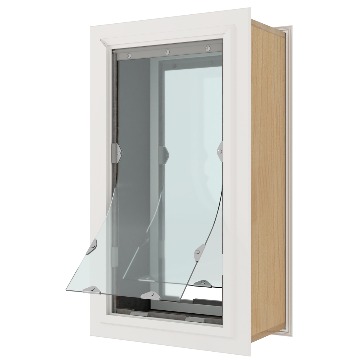 A white-framed glass window is partially open, angled downwards.
