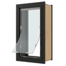 Awning window with black frame and wood interior.