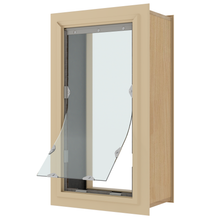 A pet door with a transparent flap is partially open in a wall.