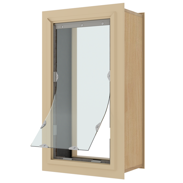 A pet door with a transparent flap is partially open in a wall.