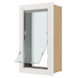 A pet door with a clear flap is partially open in a white frame._Color_White