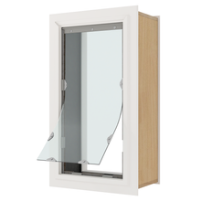 A pet door with a clear flap is partially open in a white frame.