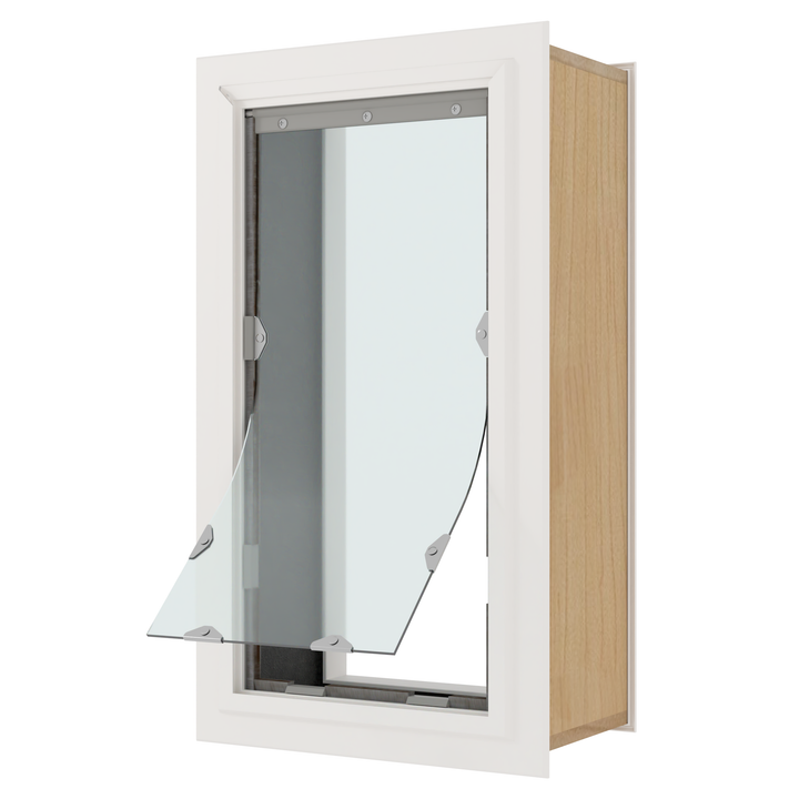 A pet door with a clear flap is partially open in a white frame.