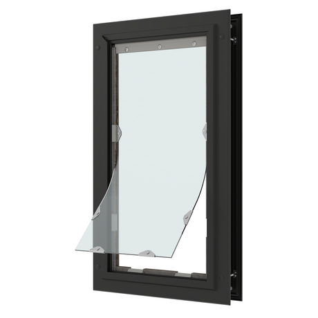 A black-framed pet door with a flexible, clear flap partially open._Color_Black