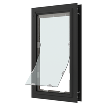 A black-framed pet door with a flexible, clear flap partially open.