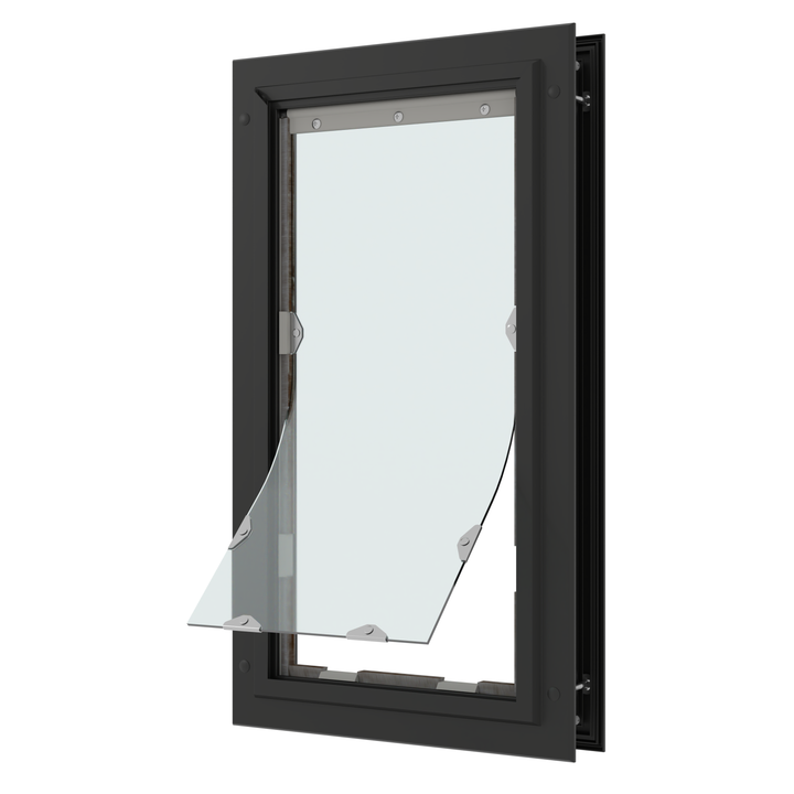A black-framed pet door with a flexible, clear flap partially open.